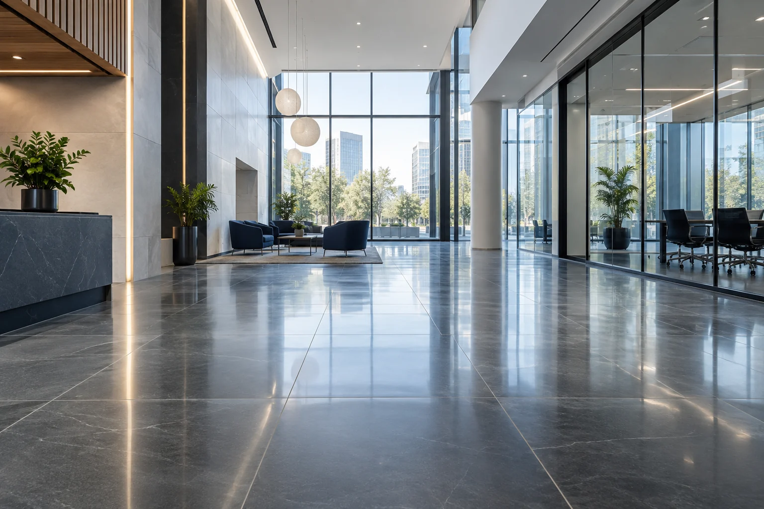 Bright clean professional office with glass partitions and polished floors