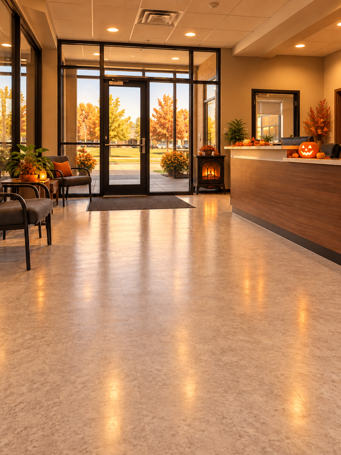 A spotless reception area decorated with Halloween pumpkins, autumn foliage, and a warmly glowing electric stove
