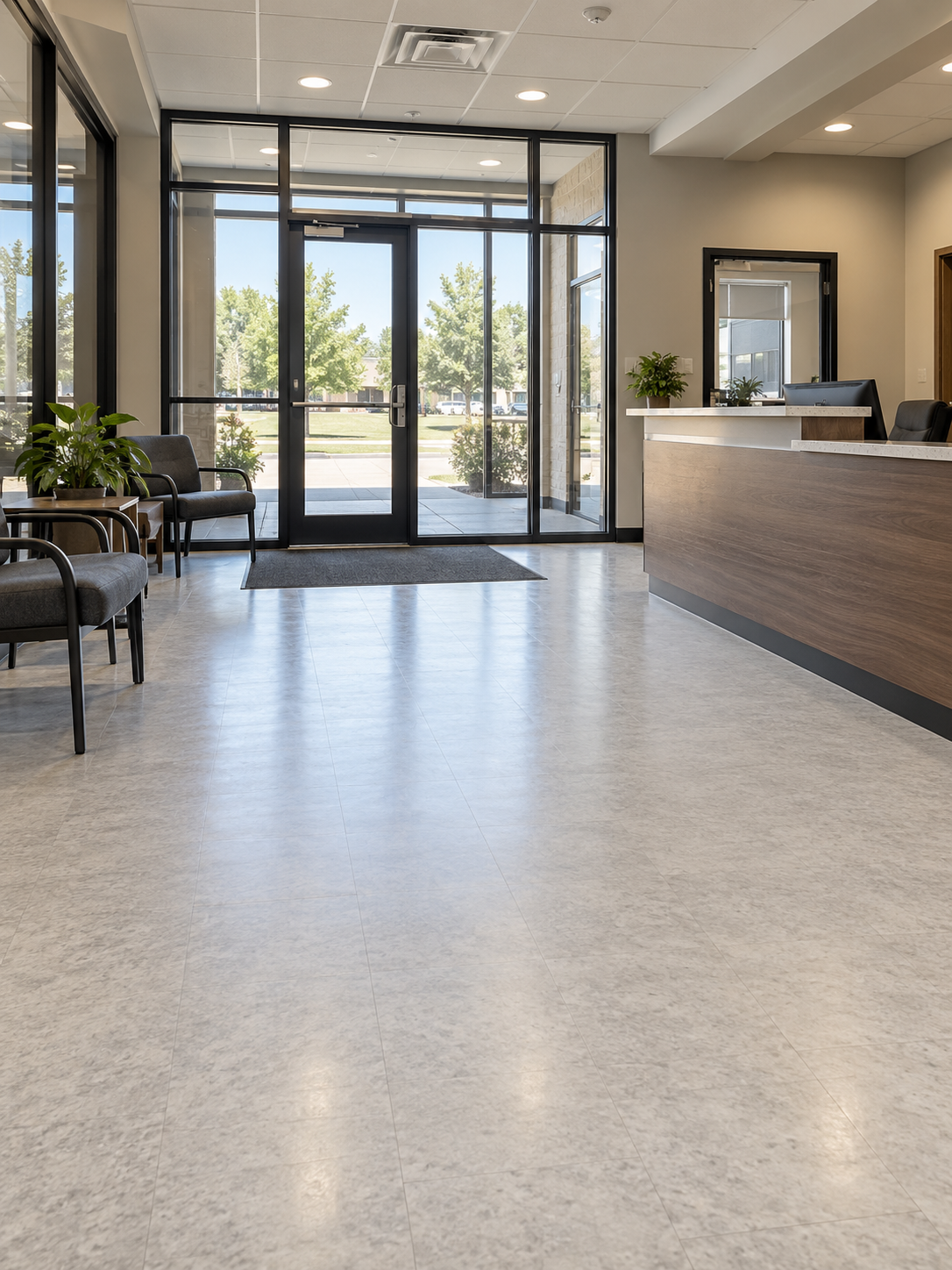 A clean reception area with a glass entrance, seating, and a freshly cared-for floor